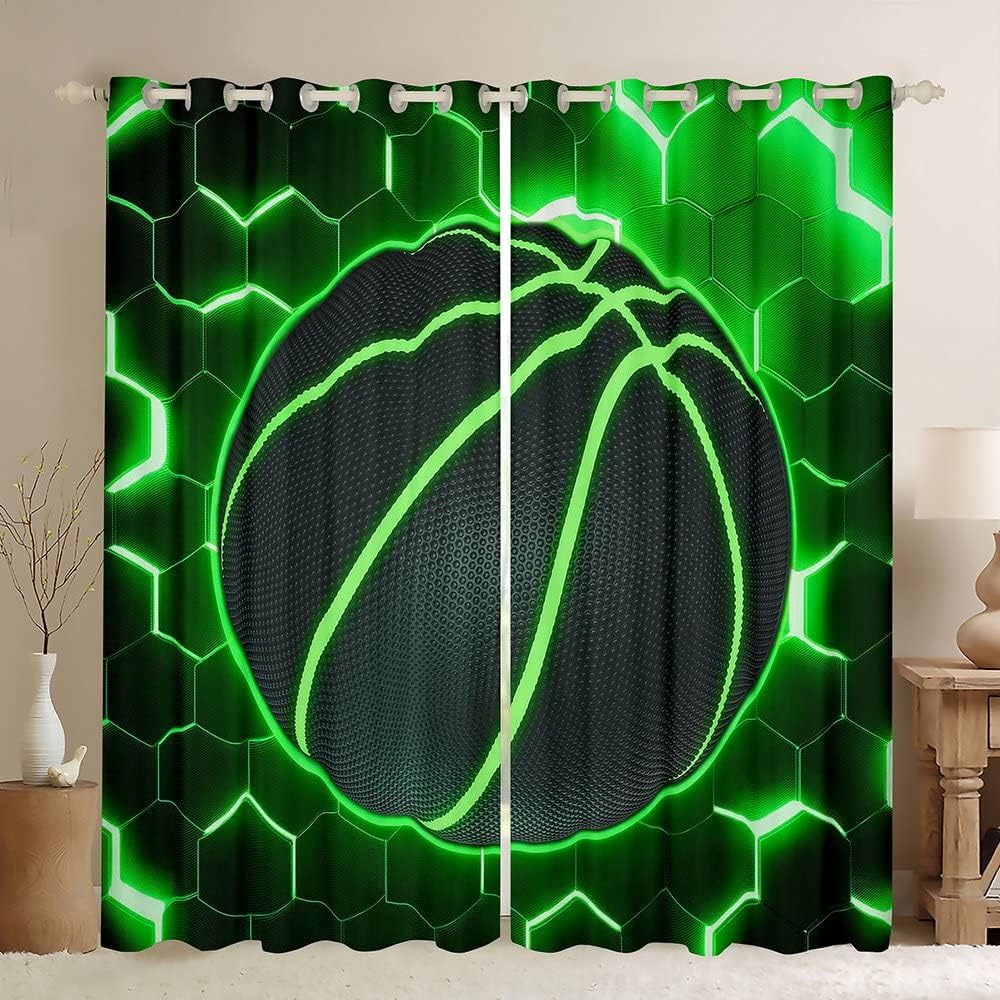 Honeycomb Hexagonal Fluorescent Print Curtains Football Baseball Basketball Curtains for Sports Boys Bedroom Blinds Window 2PCS