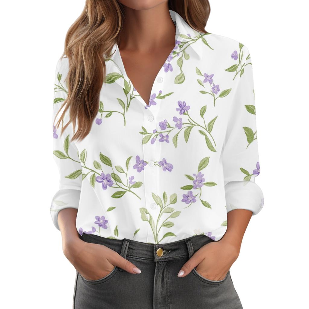 Women's Shirt With Floral Print Buttons, Long Sleeved Casual Regular Shirt Blouses Casual Plus Size Basic Tops
