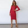 Women's Slim High Waist Knitted Dress Long Sleeve Lace Up Button Casual Winter Fall Solid Turndown Collar Sizes S-XXL