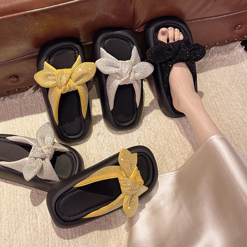Fairy Rhinestone Bow One-word Female Outer Wear 2025 Summer Temperament Versatile Sandals Thick-soled Beach Slippers
