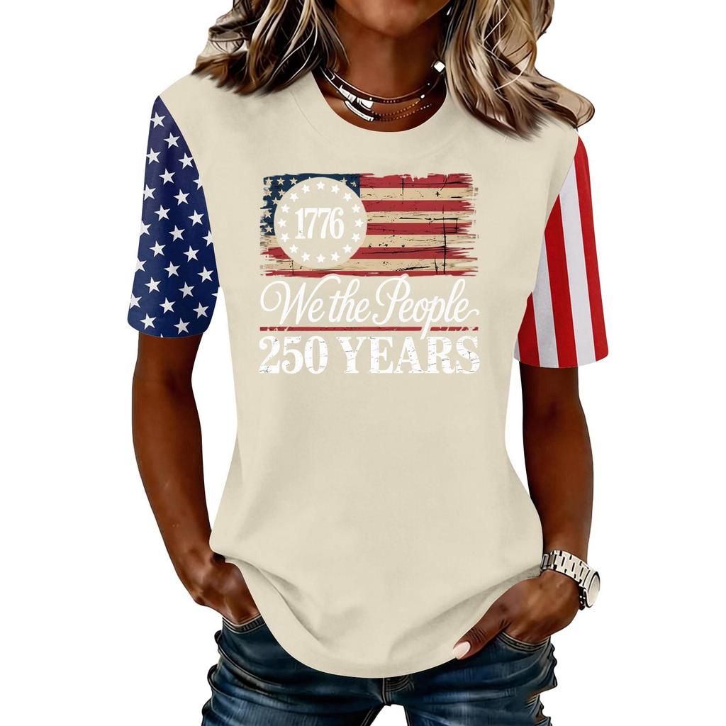 Womens Round Neck Short Sleeve T Shirt 250th Anniversary Graphic Print Casual Top with Flag Inspired Pattern for Everyday Wear