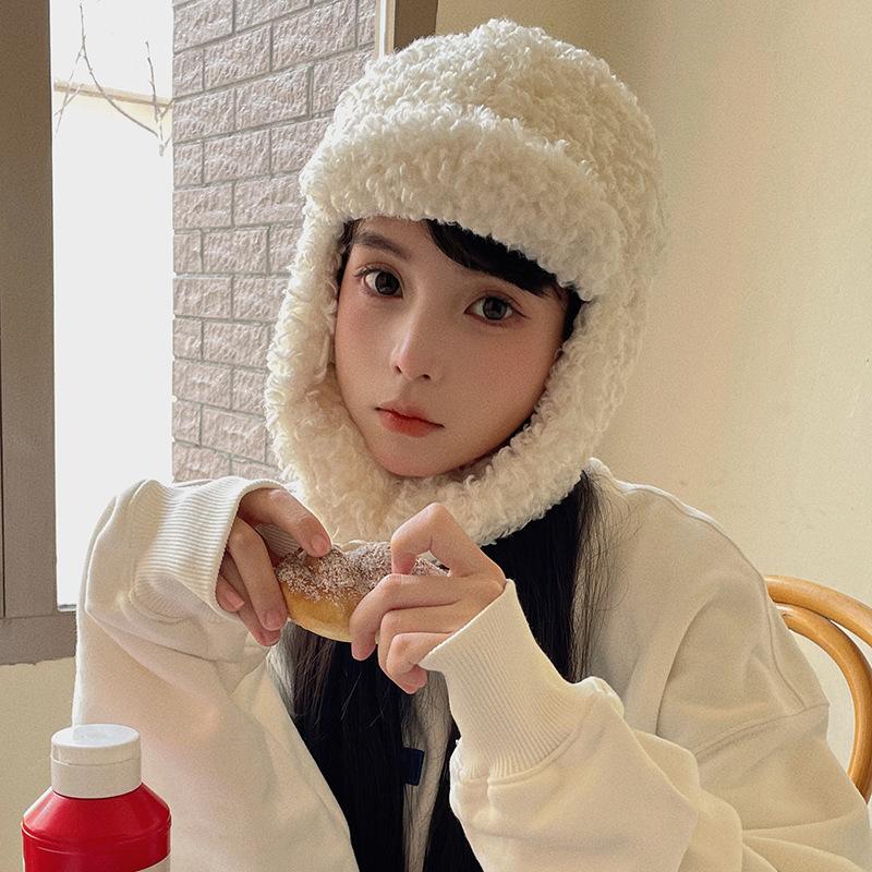 Winter Student Cycling Windproof Lei Feng Hat, Japanese Solid Color Versatile Lamb Wool Thermal Ear Hat Children