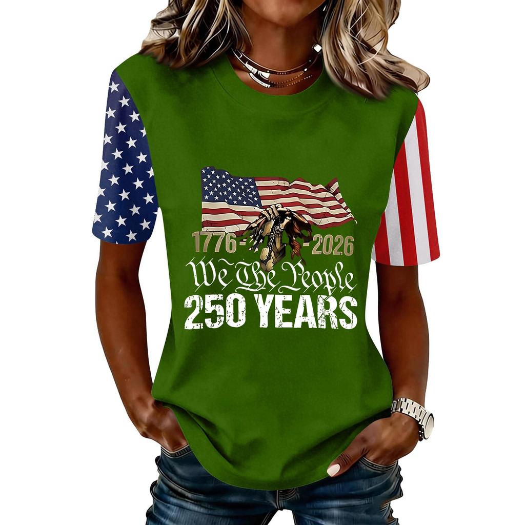 Blusa Feminina da Moda Casual de Manga Curta com Estampa e Gola Redonda