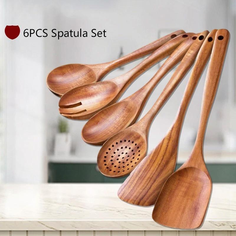 WXCOO Natural Teak Wooden Kitchen Spoons Spatula Set Wood Shovel Scoop Nonstick Cooking Food Shovel Utensil