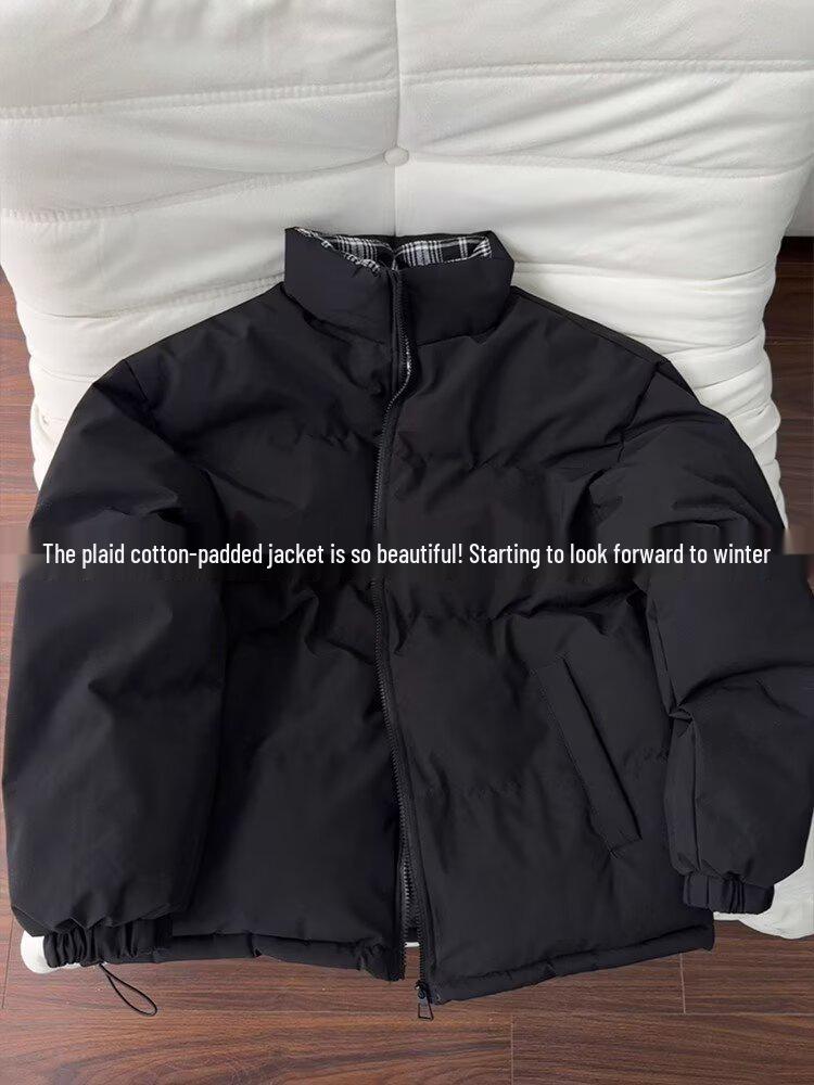 Men's Black Plaid Patchwork Stand Collar Cotton Puffer Jacket - Winter Warm Outerwear