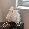 Women Single Shoulder Bag with Detachable Faux Pearl Chain Large Capacity Drawstring Handbag Purse Tulle Bowknot Crossbody Pouch