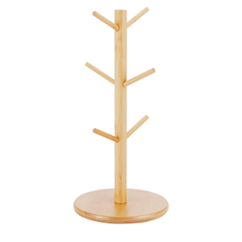

6 Hooks Bamboo Coffee Cup Holder Thickened Base Tree Shape Coffee Cup Rack Sturdy Design Wood Material Cup Storage Holder