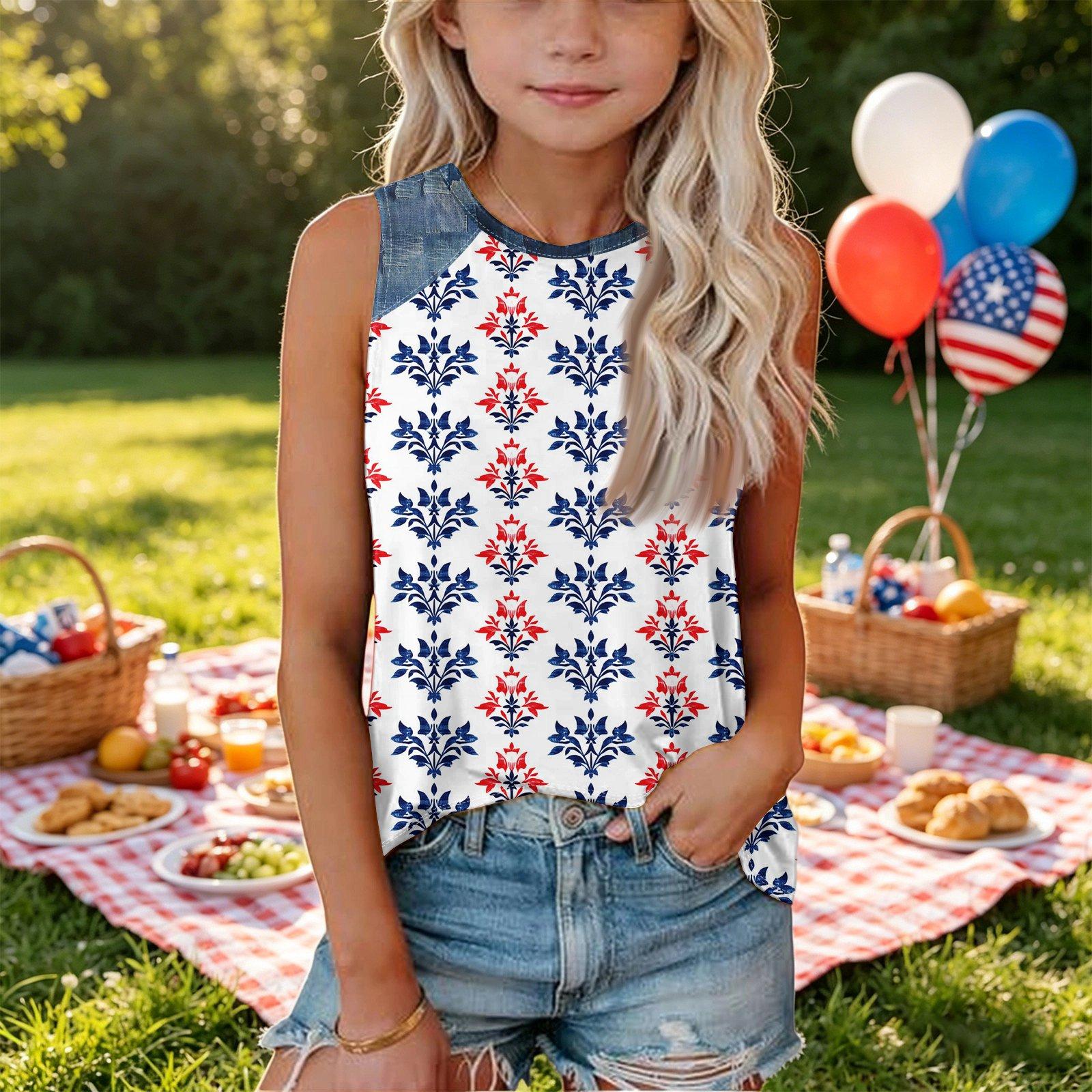 

Girls Sleeveless Loose Fit Tank Top Independence Day Cupcake Print Denim Patch Round Neck T Shirt Summer Casual Tee 150
