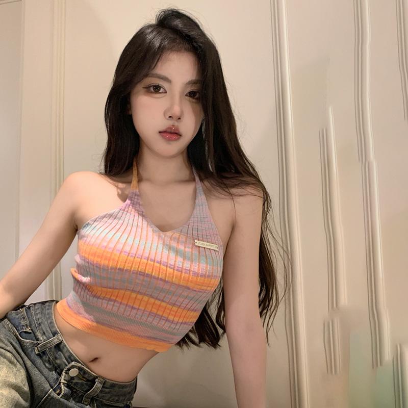 Dámské Slim Halter Crop Topy Pletené Tílko Streetwear Bez zad Univerzální Topy