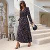 A-Line Dress Women Floral Print Ankle-Length Long Sleeve Casual High Waist Spring Summer V-neck Elastic Dresses
