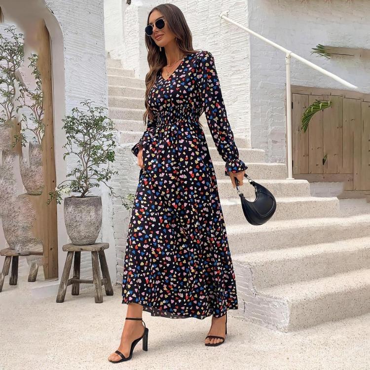 A-Line Dress Women Floral Print Ankle-Length Long Sleeve Casual High Waist Spring Summer V-neck Elastic Dresses