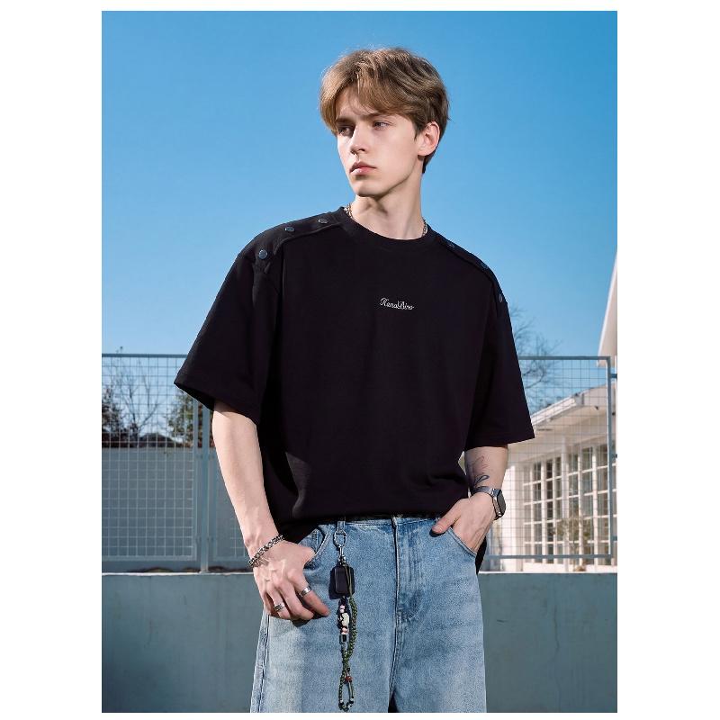 New casual short-sleeve men's summer T-shirt with detachable shoulder buttons, simple embroidery, and loose fit