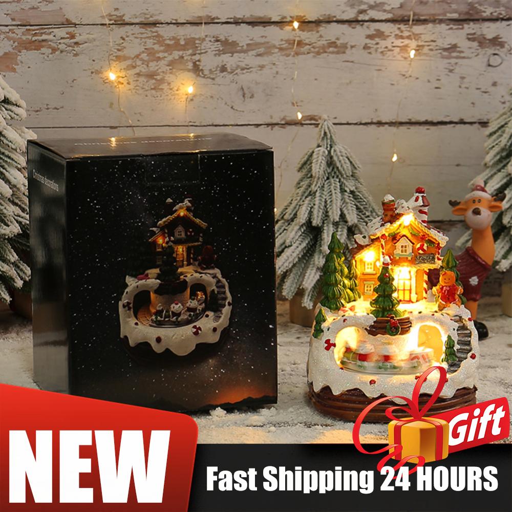 6.3inch Christmas Music Box Illuminated Music Resin House Ornament Christmas Figurines Rotating Winter Scene Home Tabletop Decor