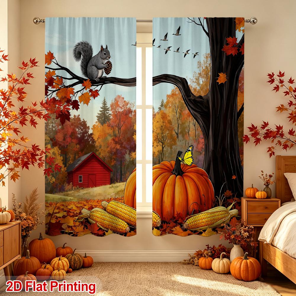 2PCS Thanksgiving Fall Curtains, Squirrel Pumpkin Farm, Digital Print, Bedroom Living Room, Office, Kitchen, Polyester