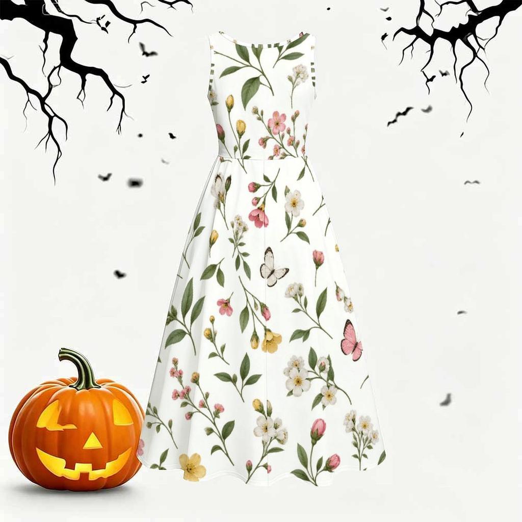 Women Plus Size Round Neck Sleeveless White Blue Floral Printed Dress Tie Waist A Line Flared Dress