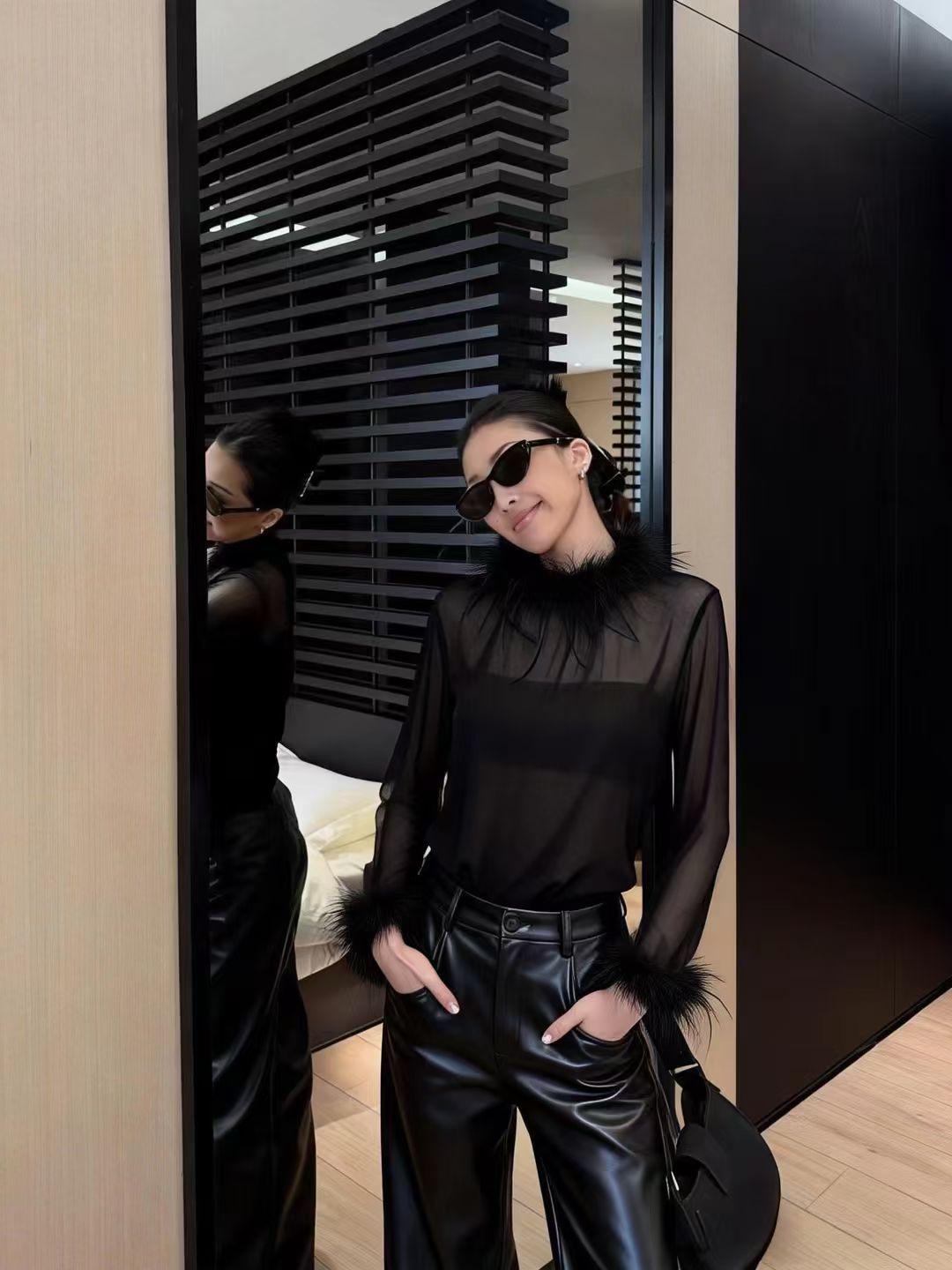 2026 Eco-Friendly Black See-Through Long-Sleeve Top with Ostrich Feathers Large чёрный