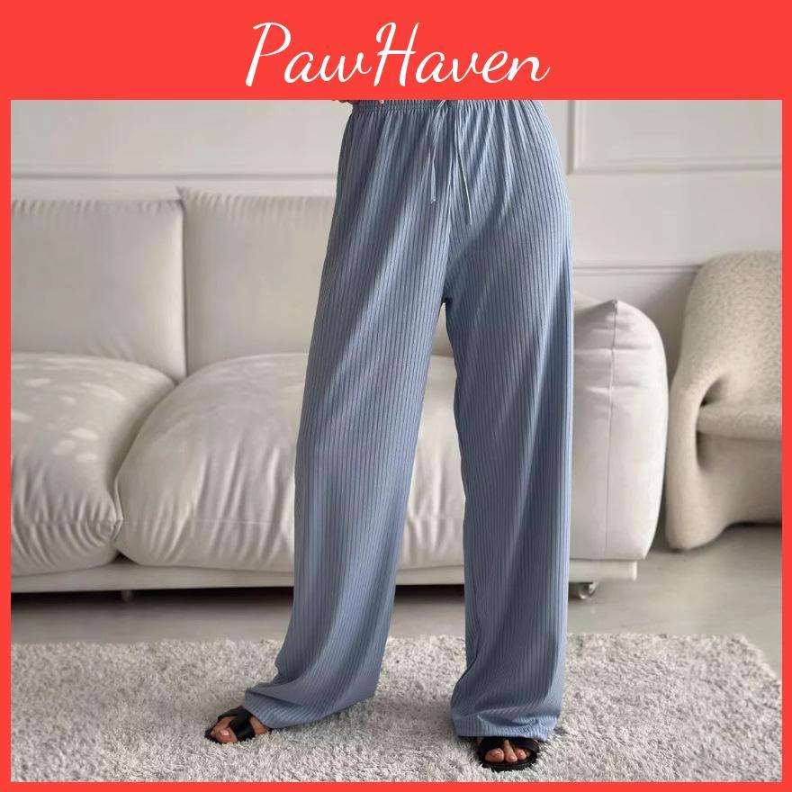 Womens Casual Ribbed Elastic Waistband Wideleg Jogging Pants