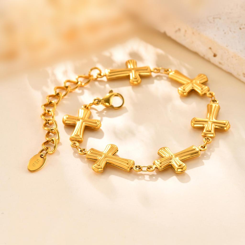 Fashion Stainless Steel Embossed Cross Bracelet Gold Ladies Accessories Jewelry 2475