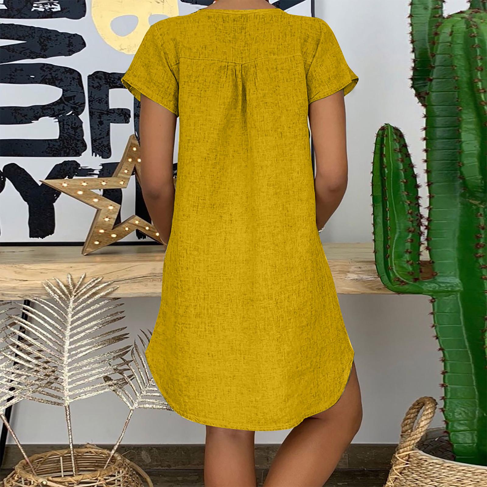 Женское летнее повседневное модное свободное хлопковое льняное платье с короткими — фото 8