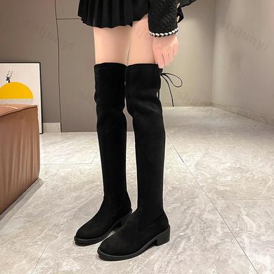 Damen Overknee Elastische Stiefel 2026 Flacher Boden Samt Lange Stiefel Hohe Stiefel Runde Spitze Einfarbige Einfacher Stil Damenschuhe