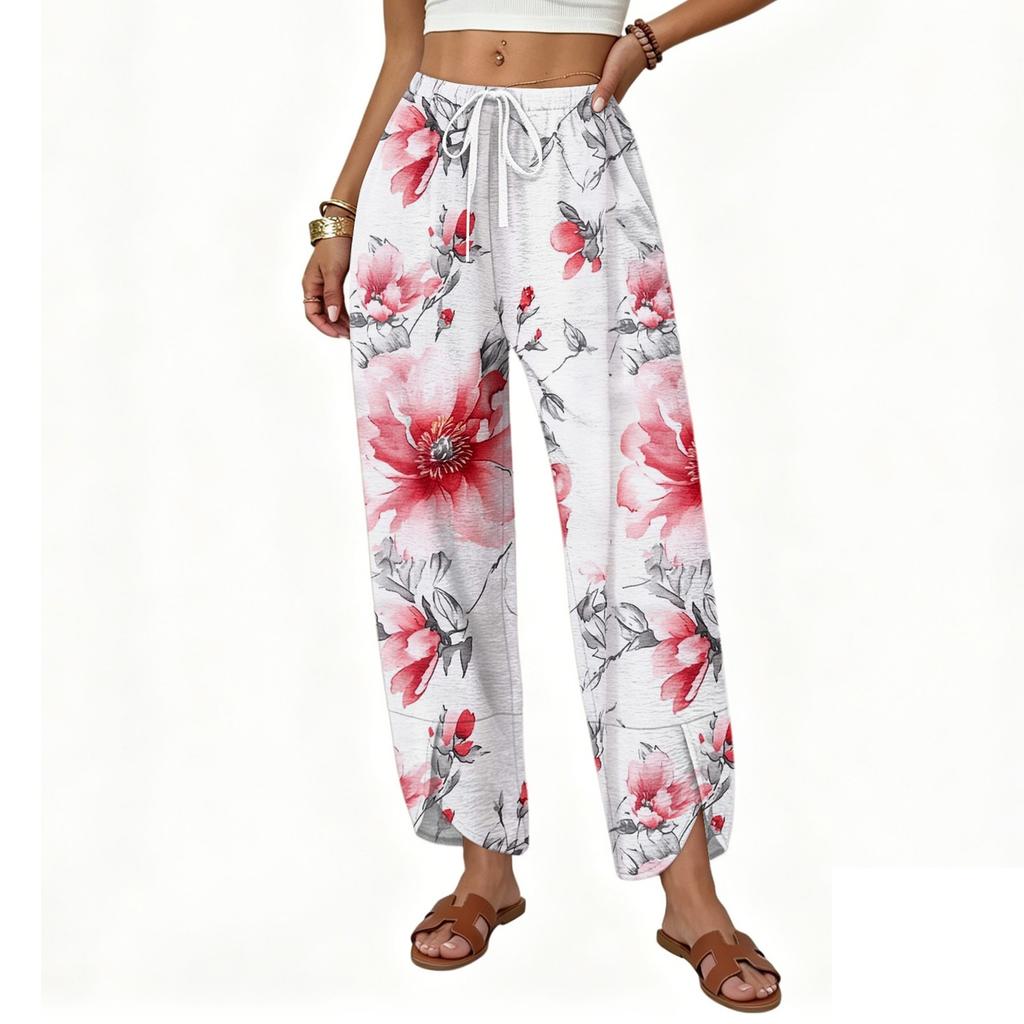 Womens Loose Drawstring Wide Leg Pants 2025 Summer Elastic Waist Casual Straight Leg Floral Print Lounge Trousers With Pockets