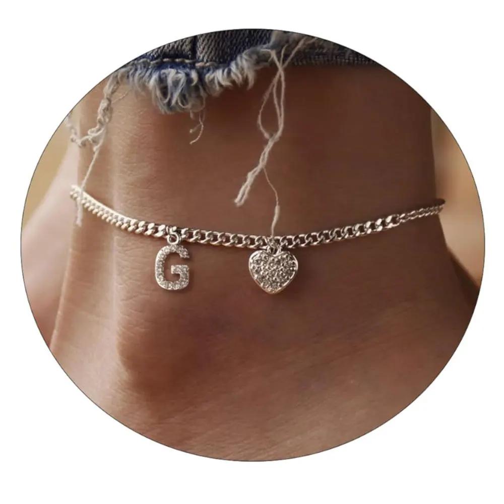 26 Initial Stainless Steel Anklet For Women Crystal Letter Heart Color Chain Ankle Bracelet Summer Jewelry Accessories