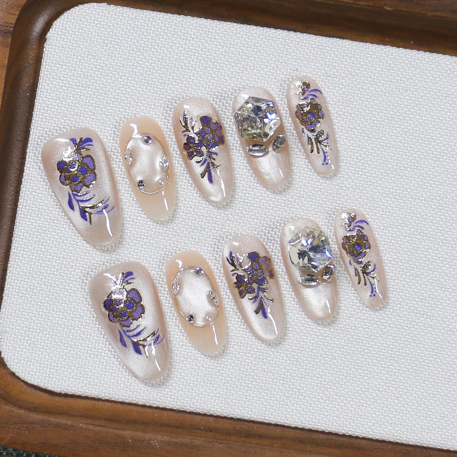 Китайские сине-белые фарфоровые накладные ногти с позолоченными цветочными узорами, длинный стиль - Дизайн ногтей в буддийском стиле Large