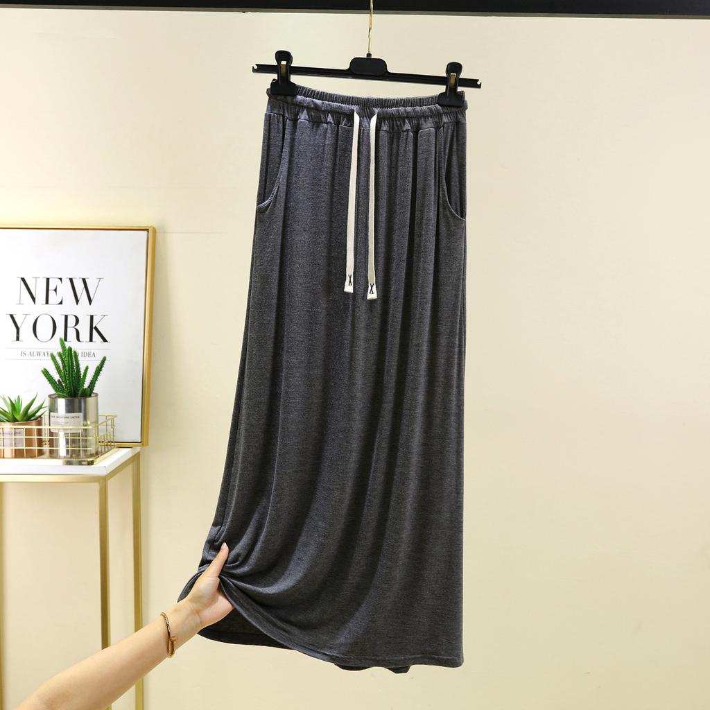 Modal A-Line Drawstring Skirt with Pockets Women Loose-fitting Long Skirts Solid Color Outwear High Waist Maxi Skirt