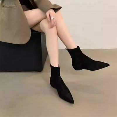 Europe, America 2025 Autumn and Winter New Simple Matte Suede Flat Socks Boots Inner Height Increase Thin Boots Temperament Pointed Short Boots