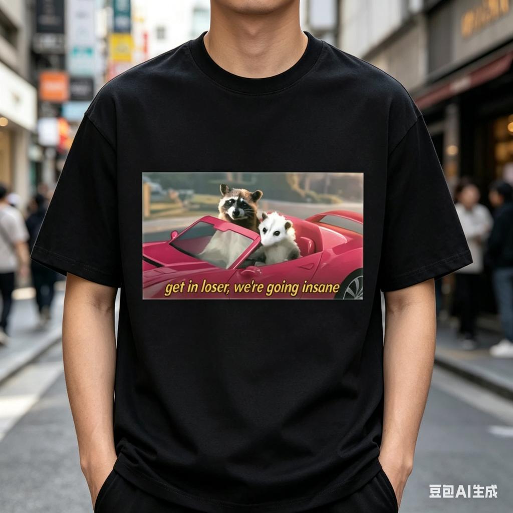 Get In Loser We're Going Insane Raccoon Possum Print T Shirt Men Women Fashion Y2k Trend Oversized T Shirts Casual Loose T-shirt