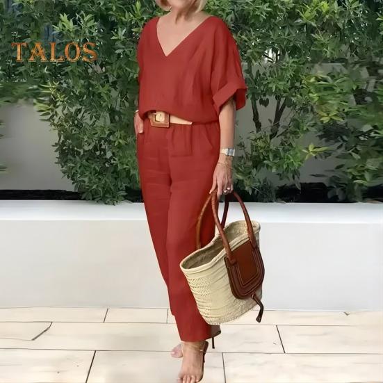 2-teiliges Set mit Bluse und Hose, V-Ausschnitt, langen Ärmeln, Oberteil, weites Bein, lockere Hose mit elastischer Taille, OL, lässiges Homewear-Outfit