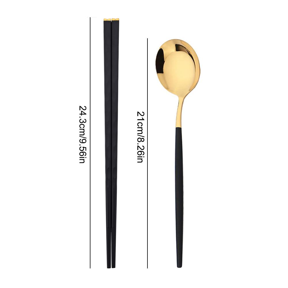 10Pcs Black Gold Stainless Steel Food Chopsticks Spoon Set Long Handle Flat Non-slip Chopsticks Dessert Spoons Dinnerware Set