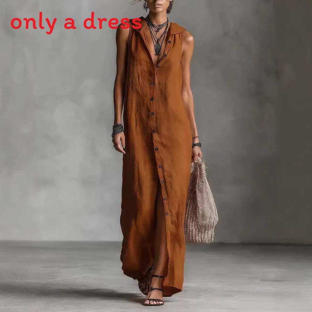 Long Sleeveless Spliced Dress With Polo Collar For Casual Travel And Streetwear