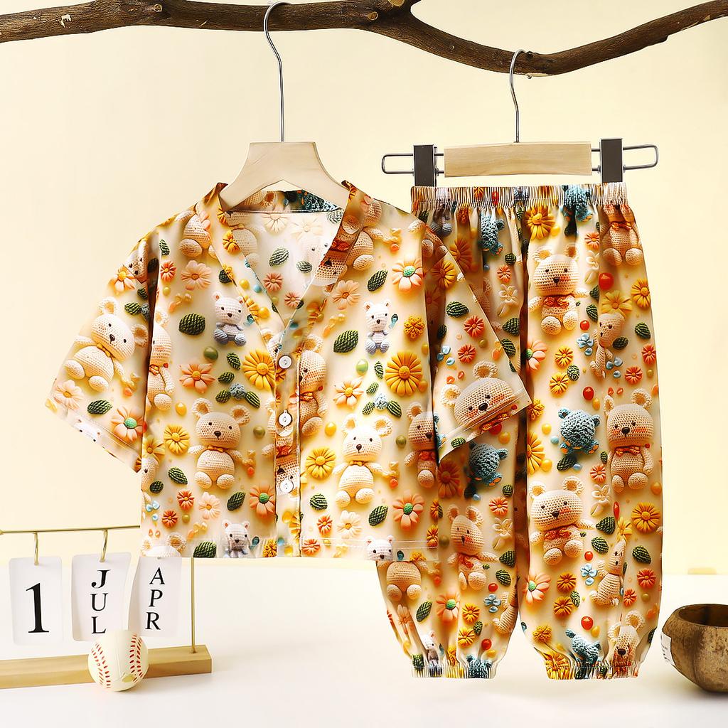 Children's Home Clothes Cotton Silk Set Summer Men's and Women's Pajamas Artificial Cotton Two Piece Set Cotton Silk Air Conditioning Clothes