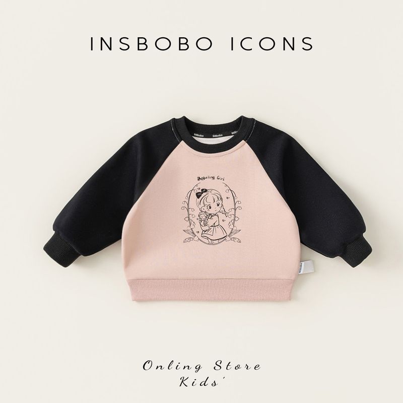 Insbobo Girls  Sweatshirt 2026 Spring New Style Boys  Raglan Sleeve Kidsren s Cartoon Top Girls  Long Sleeve Pink+Black 90