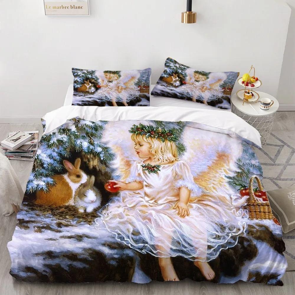 Set Letto 2/3 Pezzi Pittura ad Olio Angelo Arte Antica Copripiumino Cartone Animato Caldo Copripiumino per Letto Camera da Letto Bambini Set Copriletto Verde