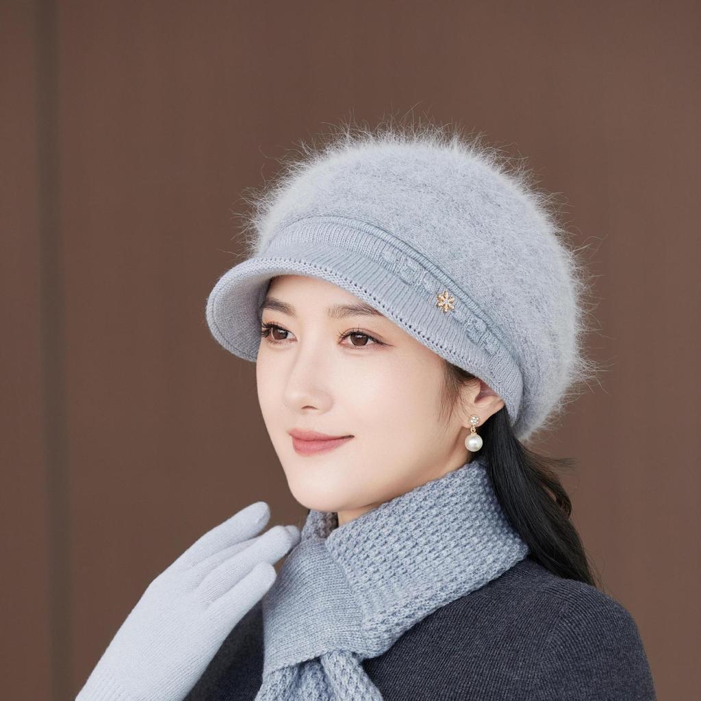 Rabbit fur knitted hat women's winter velvet warm mother hat in the elderly foreign gas wool hat scarf gloves set