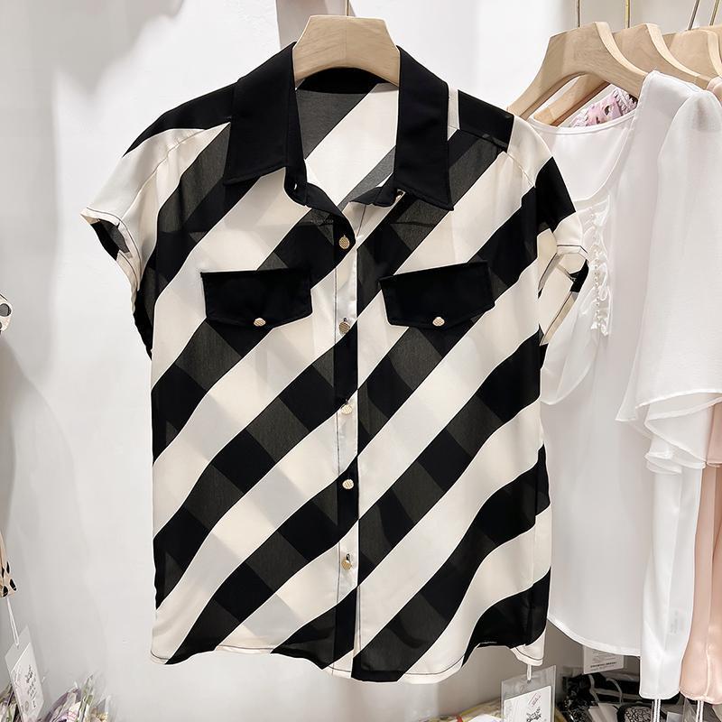 Simplicity Summer Women's POLO Collar Striped Contrast Color Single Breasted Korean Casual Loose Short Sleeve Chiffon Shirt Tops