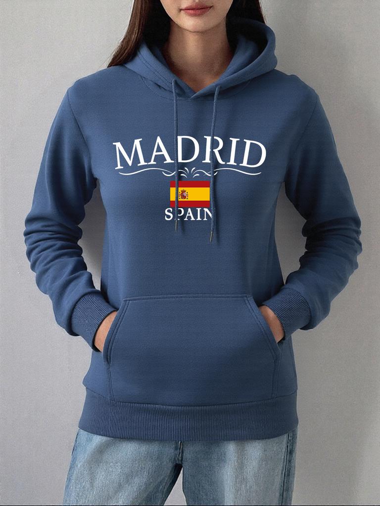 Madrid Spain Flag Printed Hoodies Women Autumn Winter Fleece Warm Sweatshirts Basics Pocket Pullover Casual Loose Womans Clothes
