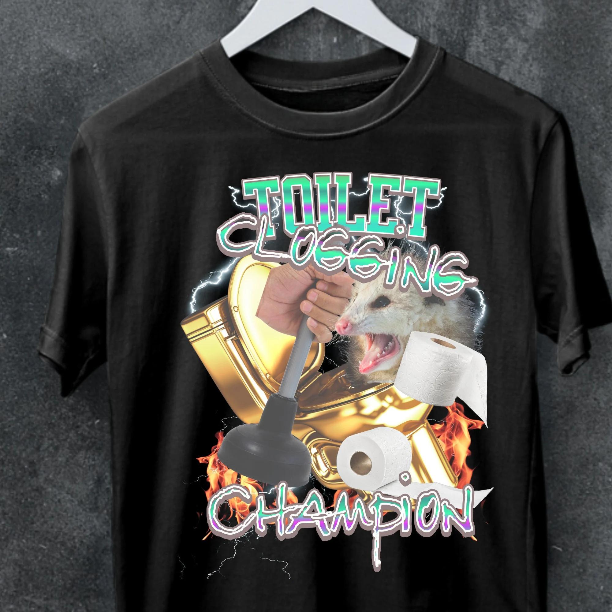 Toilet Clogging Champion Tshirt Funny Meme Graphic Tee Summer Mens and Womens Loose and Breathable Tshirt S