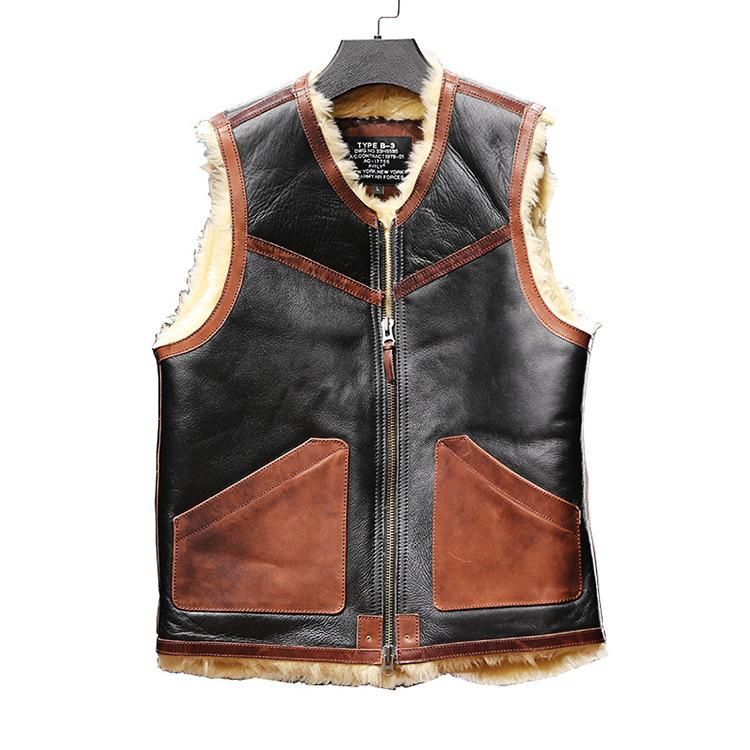 C fur integrated vest, male and female couples V-neck horse leather pocket leather strip sheepskin merino vest