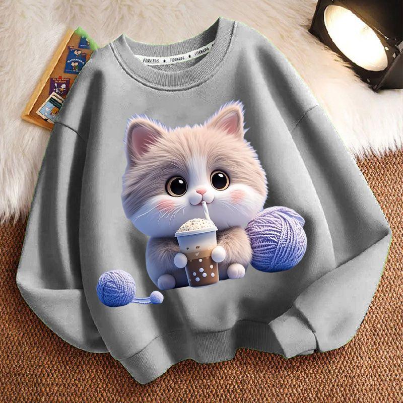 Cute Milk Tea Cat Round-neck Sweatshirt for Children, Fashionable Long-sleeved Casual Sweatshirt for Boys and Girls in Spring and Autumn