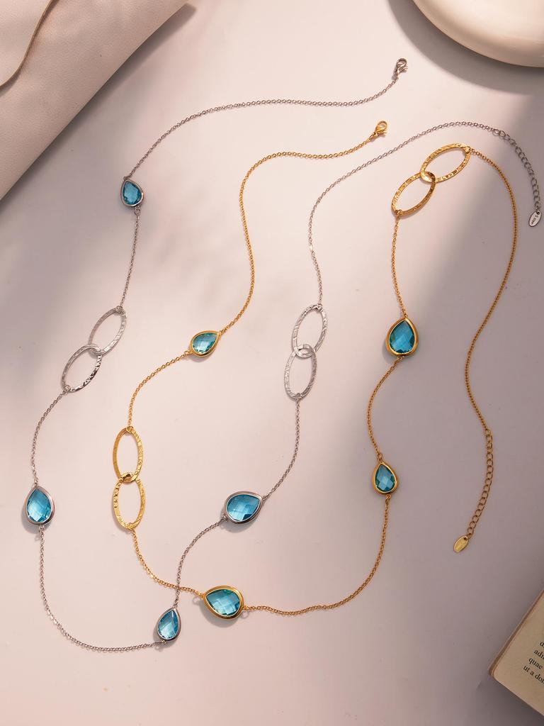 European & American Water Drop Glass Stone Long Sweater Necklace with Hollow Round Ring in Non-Fading Titanium Steel