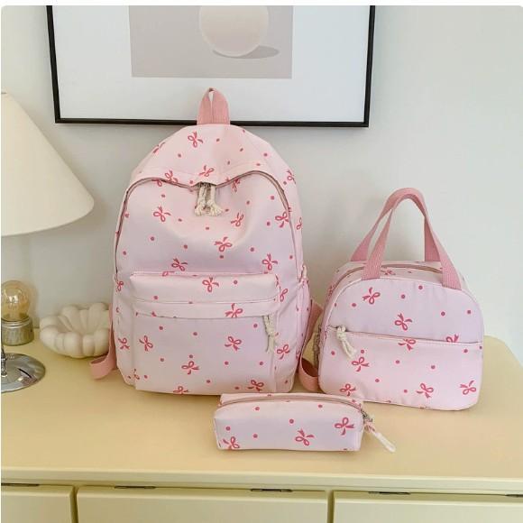 Ensemble de sac à dos 3 pièces imprimé nœuds pour femmes Sac bandoulière assorti & Sac à main & Trousse à crayons Multi-poches Léger Pack scolaire rose