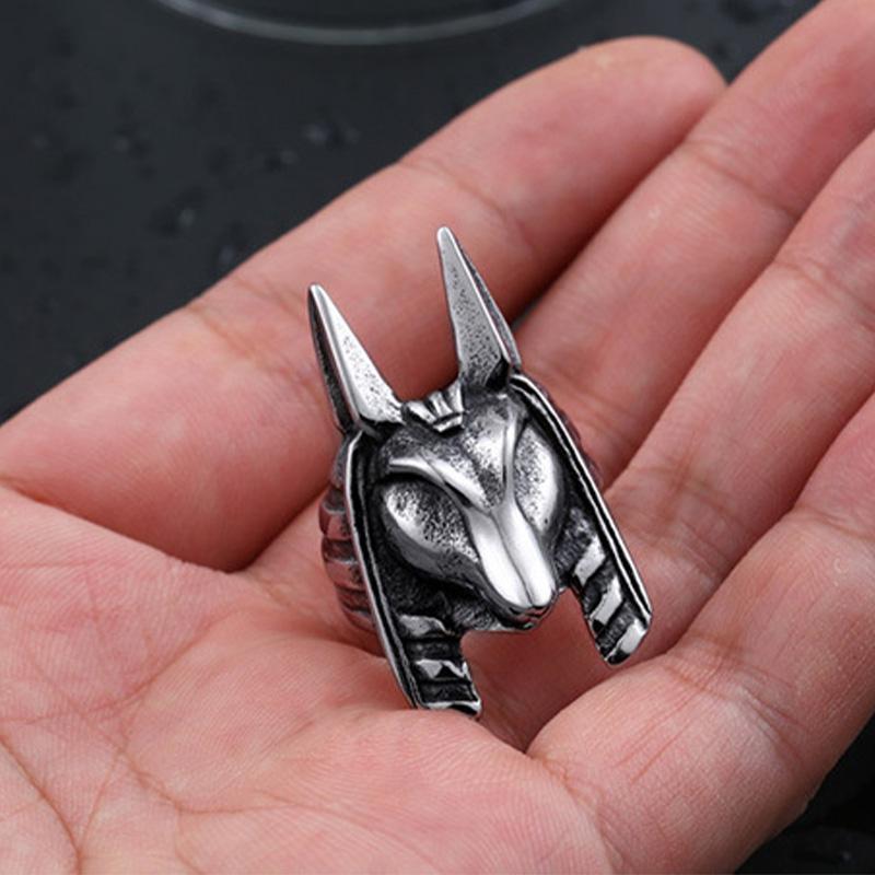 Retro Anubis Large Ring For Men Silver Color Punk Gothic Rock Hiphop Open Ring Handmade Designer  Biker Accessories Gift