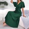Elegant Summer Maxi Dress V Neck Short Sleeve Solid Color Pleated Long Dress Women Fashion Spring Summer Sizes S XL