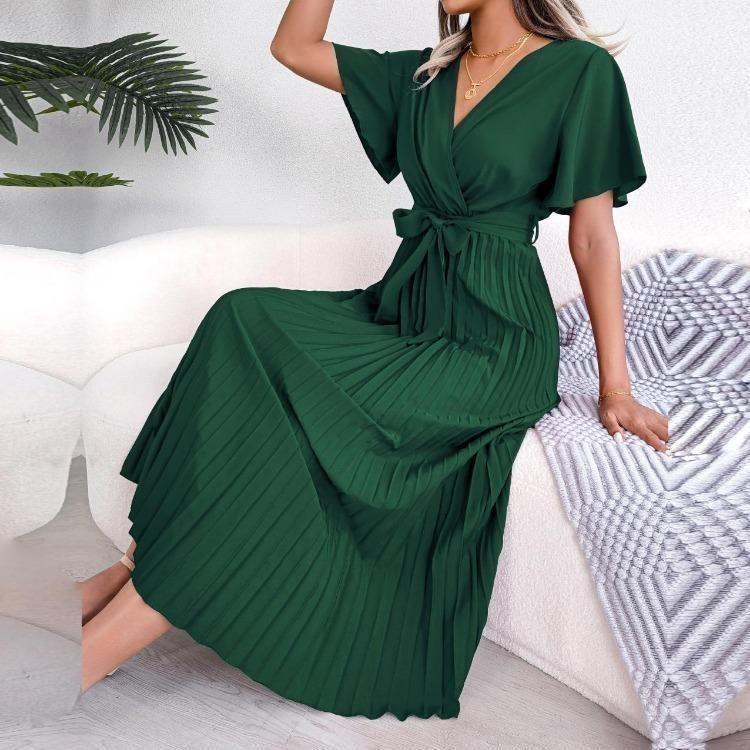Elegant Summer Maxi Dress V Neck Short Sleeve Solid Color Pleated Long Dress Women Fashion Spring Summer Sizes S XL
