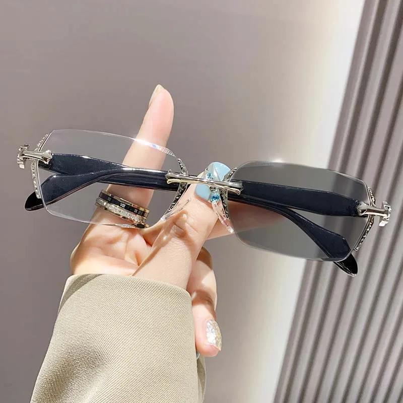 Color Changing Frameless Reading Glasses Cut Edges Photochromic Anti Blue Light Metal High-Definition Presbyopia Eyewear To +4.0