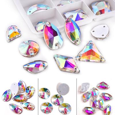 Glas Flachboden Handnaht Bohrer, Weiß AB Doppelloch Wassertropfen Pferdeauge Satelliten Flachschnalle DIY Schmuck Gepäckzubehör Strass