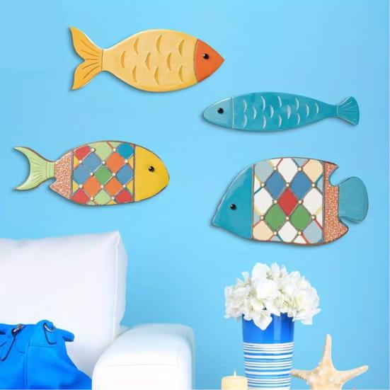 4 szt. Drewniane ryby Dekoracja ścienna Morska Nadmorska Wisząca Sztuka ścienna Rustykalny Motyw plażowy Rzeźba ścienna do łazienki Dom nad jeziorem